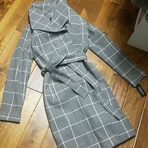 Kenneth Cole Gray WIndowpane Belted Winter Coat